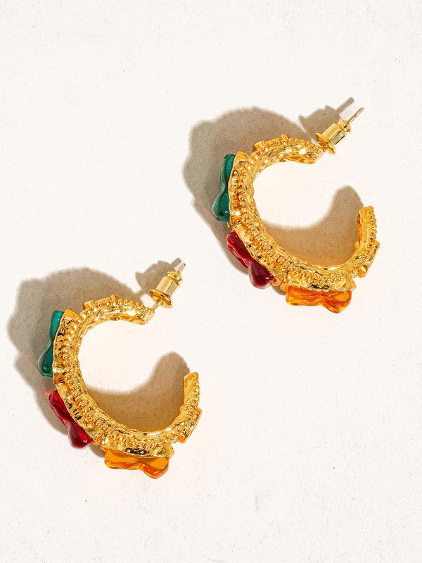 18k Gold Vintage Gemstone Large Hoop Earring