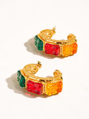 18k Gold Vintage Gemstone Large Hoop Earring