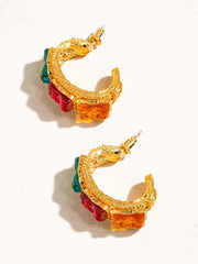 18k Gold Vintage Gemstone Large Hoop Earring