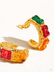 18k Gold Vintage Gemstone Large Hoop Earring