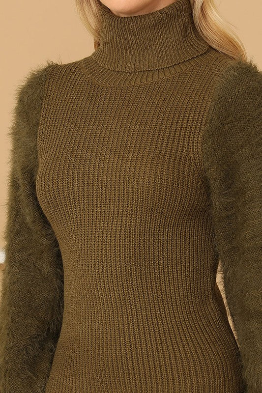 Fur Sleeve Olive Sweater