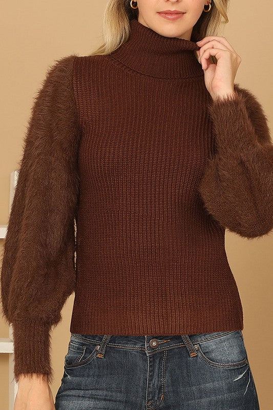 Fur Sleeve Brown Sweater