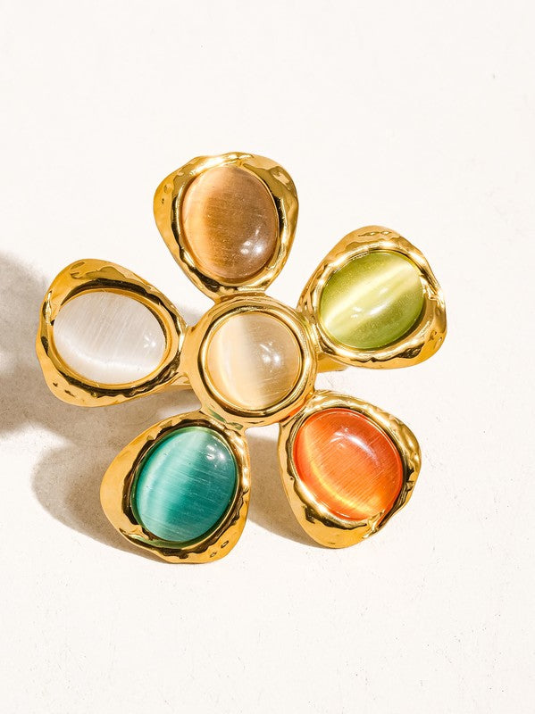 18k Non-tarnish Vintage Stone Floral Ring