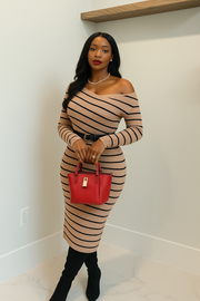 Beige Stripes Off-Shoulder Dress