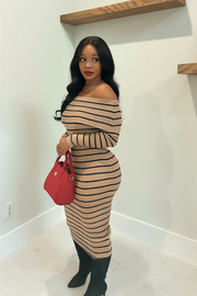 Beige Stripes Off-Shoulder Dress