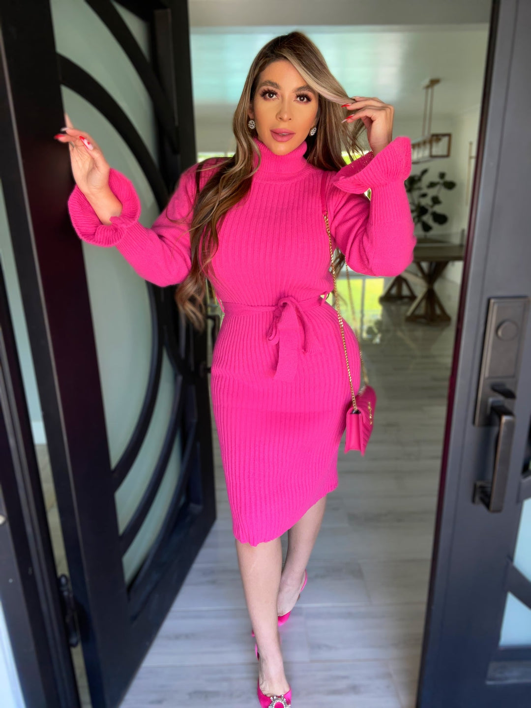 Easter Dresses Rose Red Wine Red High Neck Lantern Sleeve Waist Lace Up Bodycon Knit Midi Sweater Dress for Casual & Party wear(Rose Red/M)
